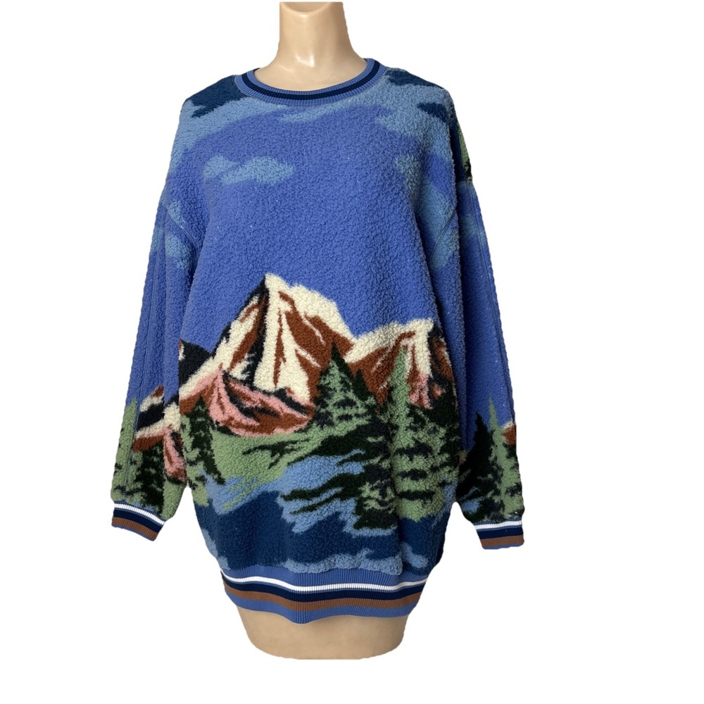 UO Out From Under Sweater Sweatshirt XS Landscape Mountain Sherpa oversized blue